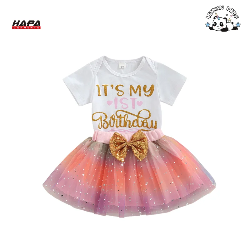 LEZONKIDS - Factory Hot Sale Two-piece Set Birthday Letter Print T-shirt Sequined Mesh Princess Tutu Skirt